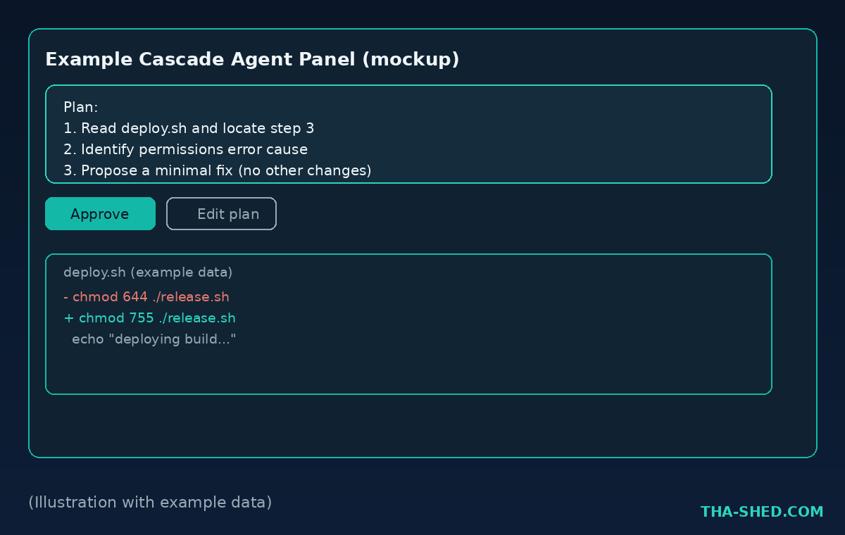 Mockup of a Cascade agent panel showing a proposed plan, approve and edit plan buttons, and a file diff preview, illustration with example data