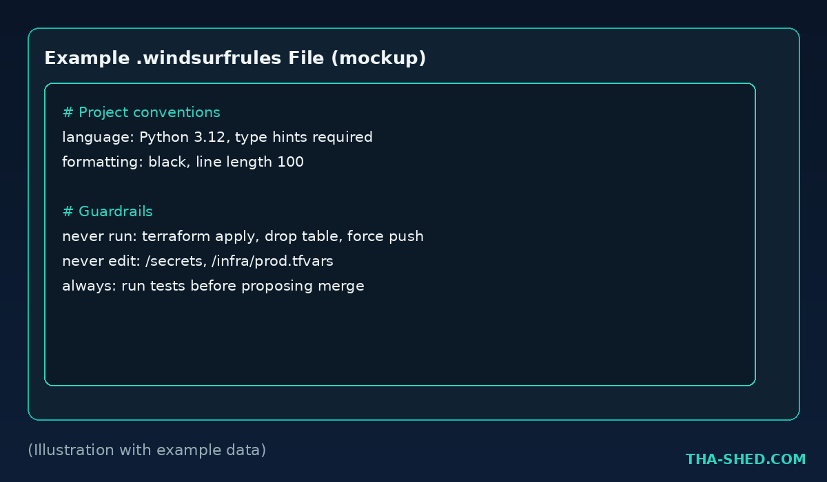 Mockup of an example .windsurfrules file showing project conventions and guardrails, illustration with example data