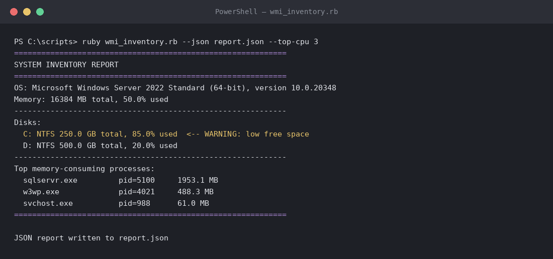 Terminal output showing wmi_inventory.rb printing an OS, disk, and process summary, then writing a JSON report