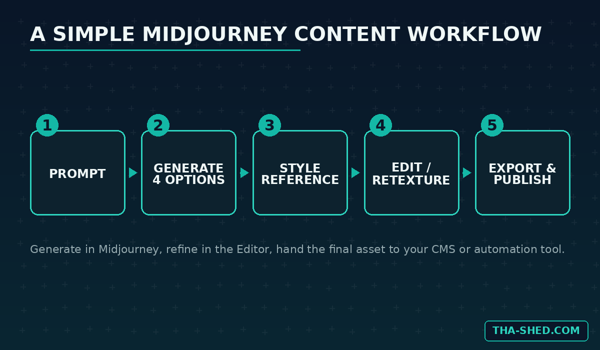 A simple Midjourney content workflow diagram: prompt, generate, style reference, edit or retexture, export and publish