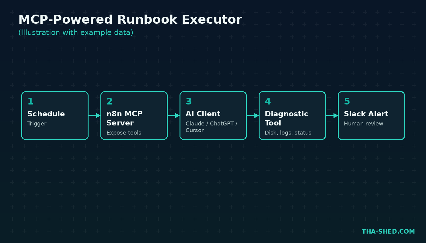 Diagram of the MCP-powered runbook executor workflow: schedule, n8n MCP server, AI client, diagnostic tool, Slack alert (illustration with example data)