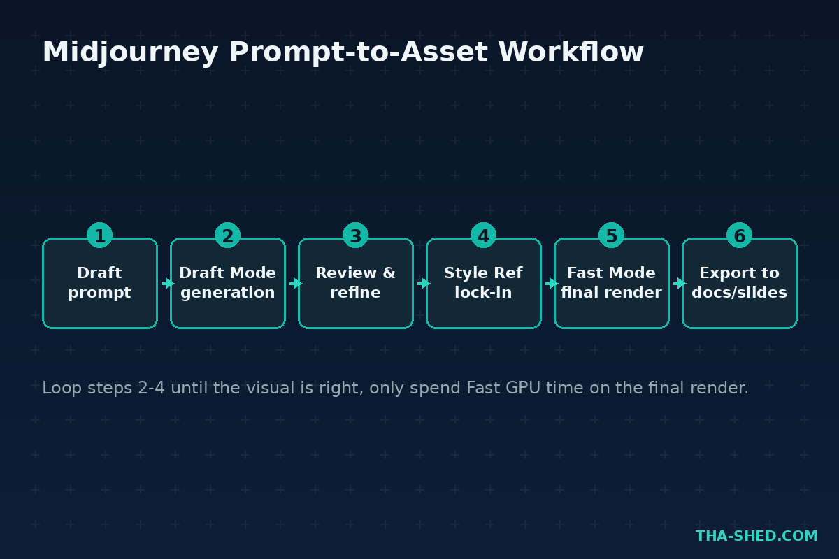 Midjourney prompt to asset workflow diagram: draft prompt, draft mode generation, review and refine, style reference lock-in, fast mode final render, export to docs or slides