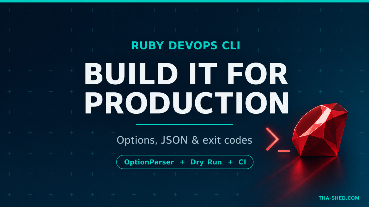 Dark navy and teal Ruby for DevOps graphic reading Build It for Production
