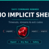 Dark navy and teal Ruby for DevOps graphic reading No Implicit Shell