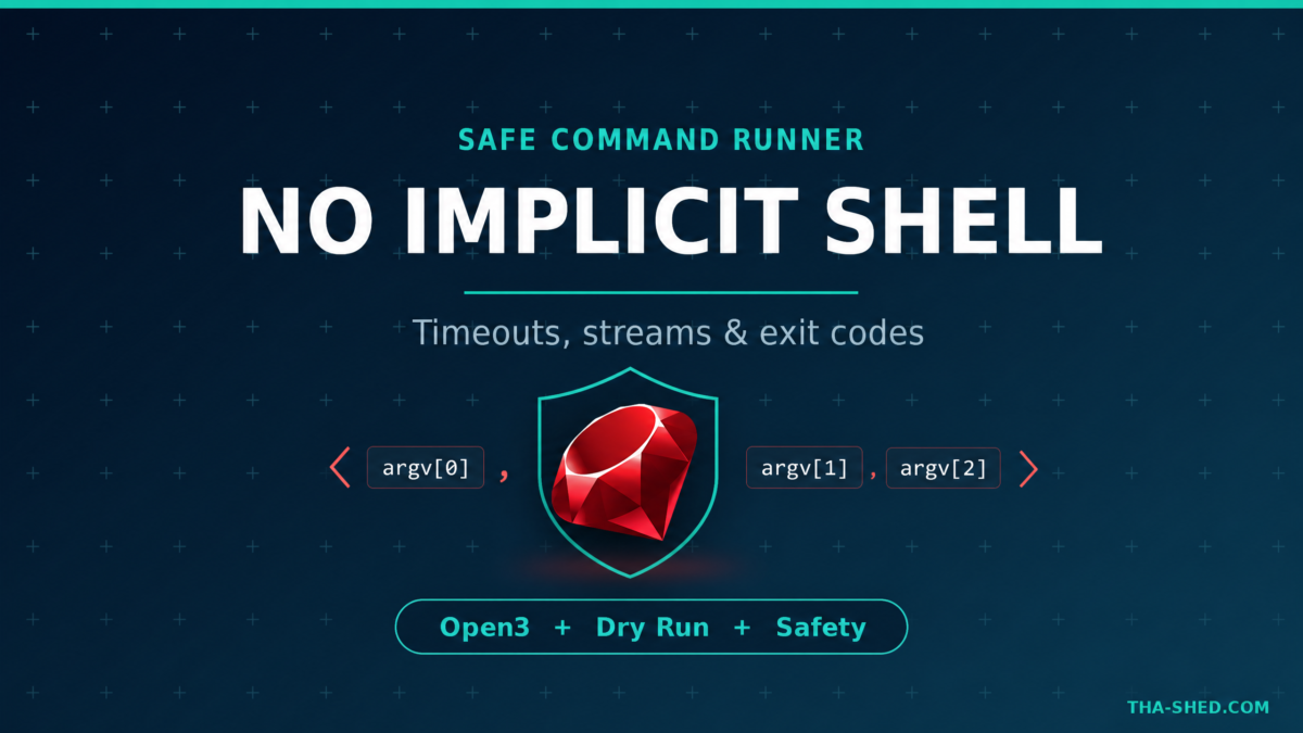 Dark navy and teal Ruby for DevOps graphic reading No Implicit Shell