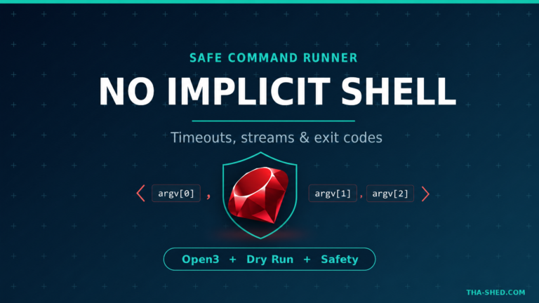 Dark navy and teal Ruby for DevOps graphic reading No Implicit Shell