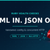 Dark navy and teal Ruby for DevOps graphic reading YAML In, JSON Out