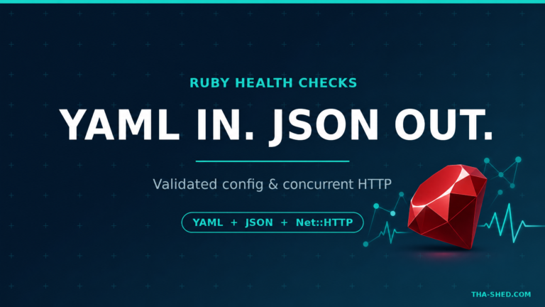 Dark navy and teal Ruby for DevOps graphic reading YAML In, JSON Out