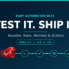 Dark navy and teal Ruby for DevOps graphic reading Test It Ship It
