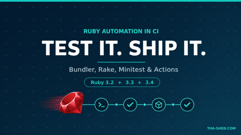 Dark navy and teal Ruby for DevOps graphic reading Test It Ship It