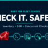 Dark navy and teal Ruby Fleet DevOps cover showing a red Ruby gem linked to a safe server fleet