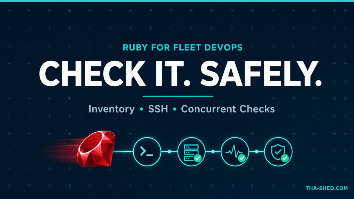 Dark navy and teal Ruby Fleet DevOps cover showing a red Ruby gem linked to a safe server fleet