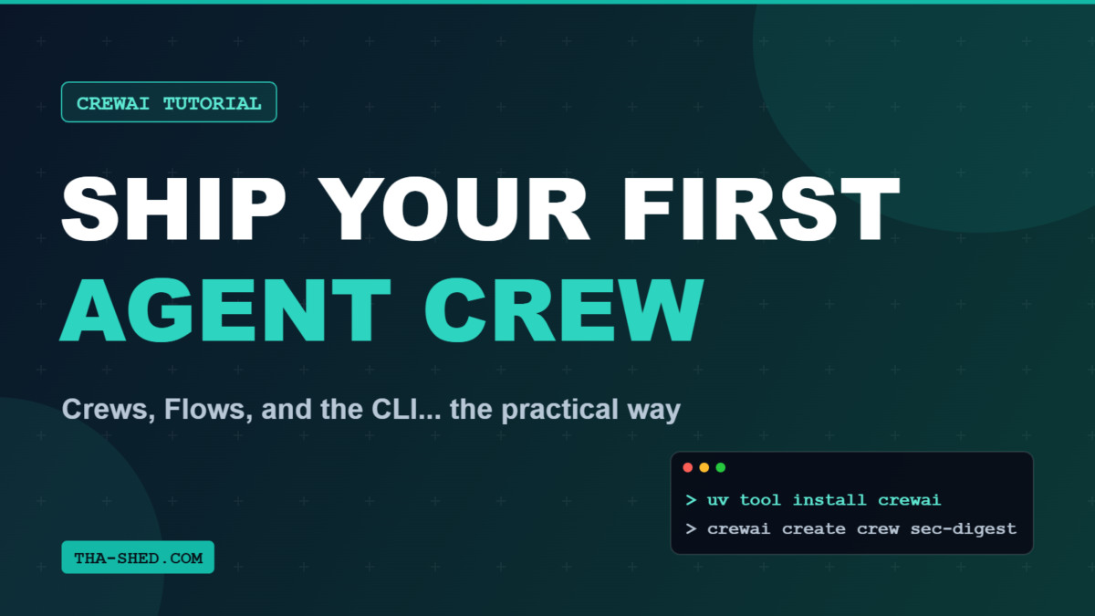 CrewAI tutorial cover art: Ship your first agent crew, with example terminal commands